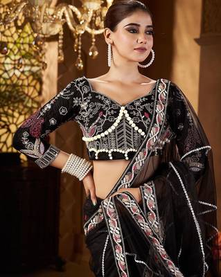 Black women embellished sequinned net saree 4