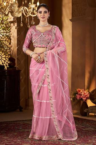 pink embellished sequinned saree