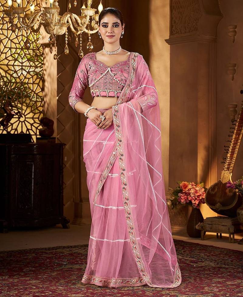 pink embellished sequinned saree