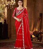 Red embellished embroidered sequinned net saree