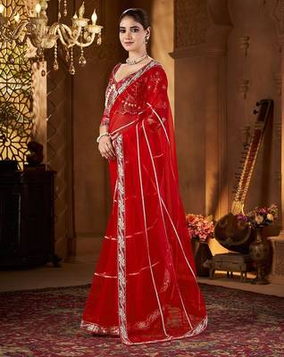 Red embellished embroidered sequinned net saree 2