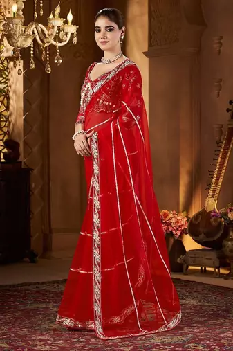 Red embellished embroidered sequinned net saree