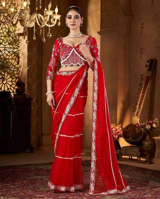 Red embellished embroidered sequinned net saree 3