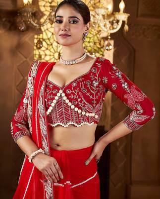 Red embellished embroidered sequinned net saree 4