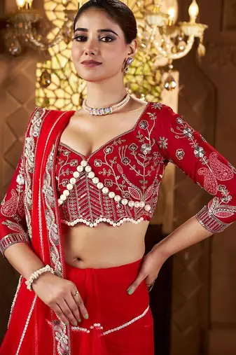 Red embellished embroidered sequinned net saree