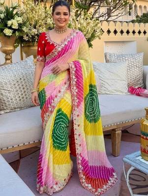 Yellow ethnic motifs gotta patti pure georgette heavy work leheriya saree 1
