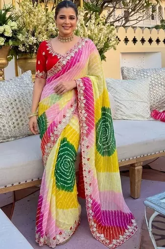 Yellow ethnic motifs gotta patti pure georgette heavy work leheriya saree