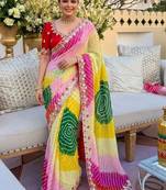 Yellow ethnic motifs gotta patti pure georgette heavy work leheriya saree