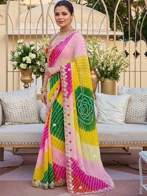 Yellow ethnic motifs gotta patti pure georgette heavy work leheriya saree 2