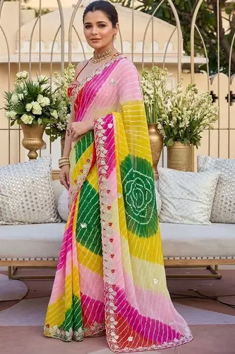 Yellow ethnic motifs gotta patti pure georgette heavy work leheriya saree