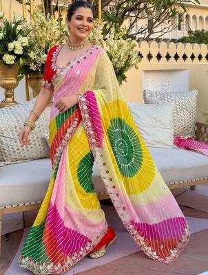 Yellow ethnic motifs gotta patti pure georgette heavy work leheriya saree 3
