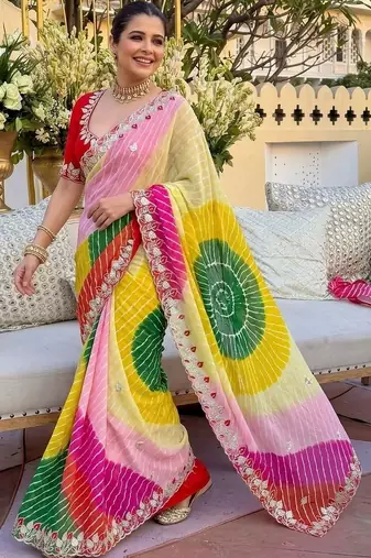 Yellow ethnic motifs gotta patti pure georgette heavy work leheriya saree