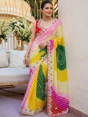 Yellow ethnic motifs gotta patti pure georgette heavy work leheriya saree 4