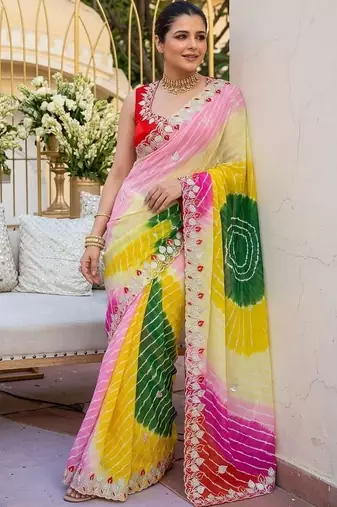 Yellow ethnic motifs gotta patti pure georgette heavy work leheriya saree