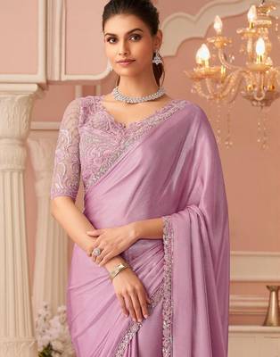Lavender embellished sequinned pure chiffon saree 1