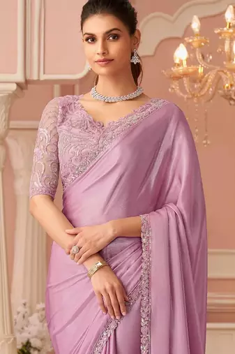 Lavender embellished sequinned pure chiffon saree