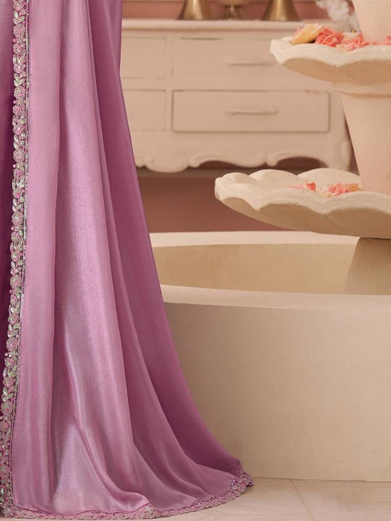Lavender embellished sequinned pure chiffon saree