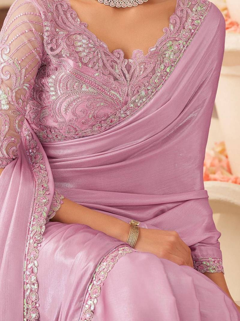 Lavender embellished sequinned pure chiffon saree