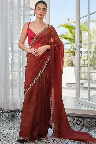 Red embellished zari pure chiffon heavy work saree