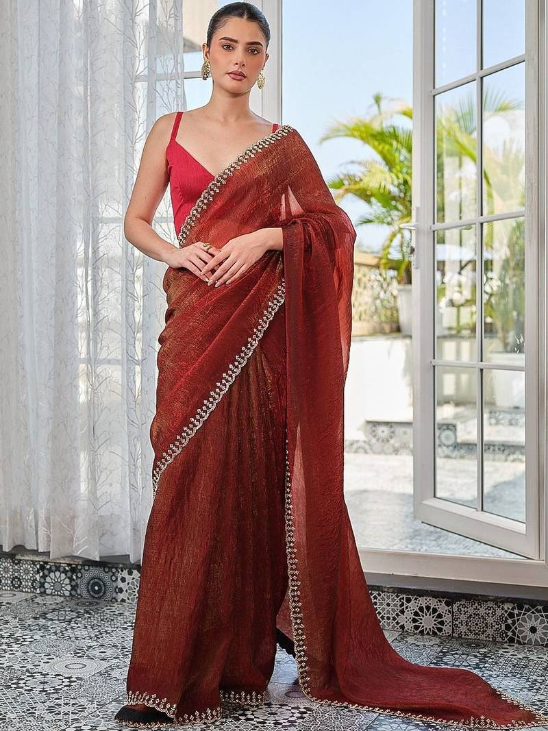 Red embellished zari pure chiffon heavy work saree