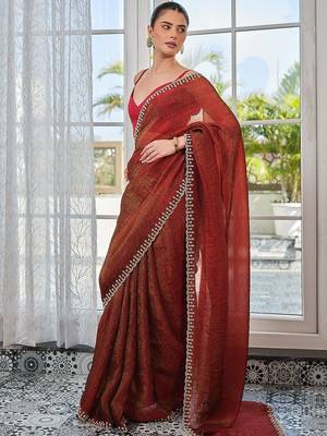 Red embellished zari pure chiffon heavy work saree 2