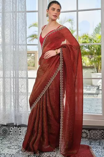Red embellished zari pure chiffon heavy work saree