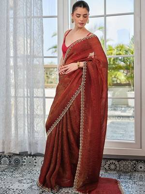 Red embellished zari pure chiffon heavy work saree 3
