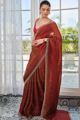 Red embellished zari pure chiffon heavy work saree