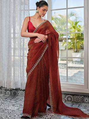 Red embellished zari pure chiffon heavy work saree 4