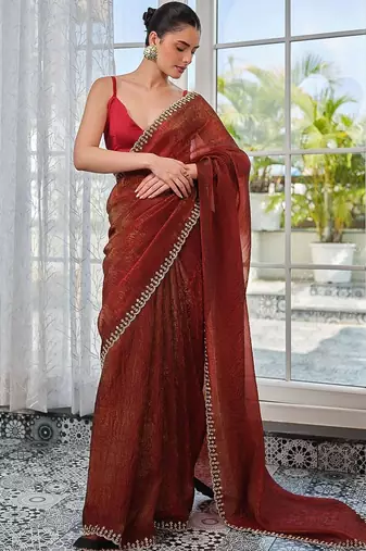 Red embellished zari pure chiffon heavy work saree