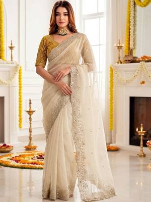 off_white embellished embroidered poly georgette heavy work saree 1