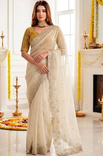 off_white embellished embroidered poly georgette heavy work saree