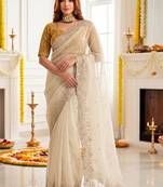 off_white embellished embroidered poly georgette heavy work saree