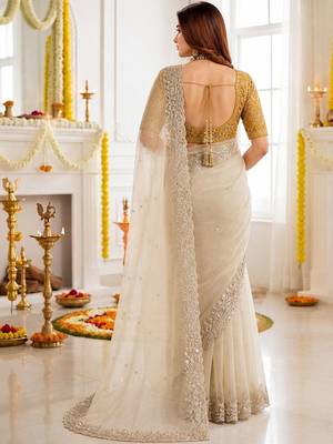 off_white embellished embroidered poly georgette heavy work saree 2