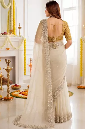 off_white embellished embroidered poly georgette heavy work saree