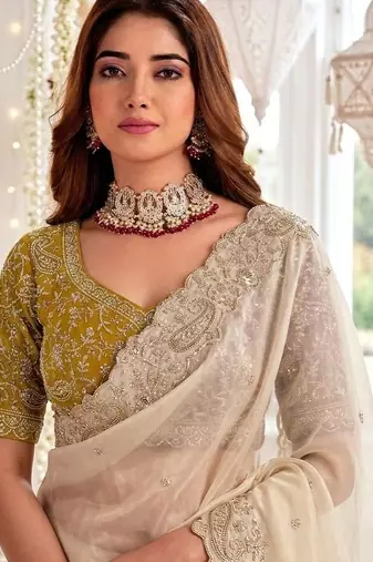 off_white embellished embroidered poly georgette heavy work saree