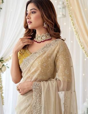 off_white embellished embroidered poly georgette heavy work saree 4
