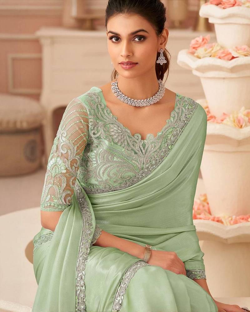 sea_green sequinned pure chiffon saree