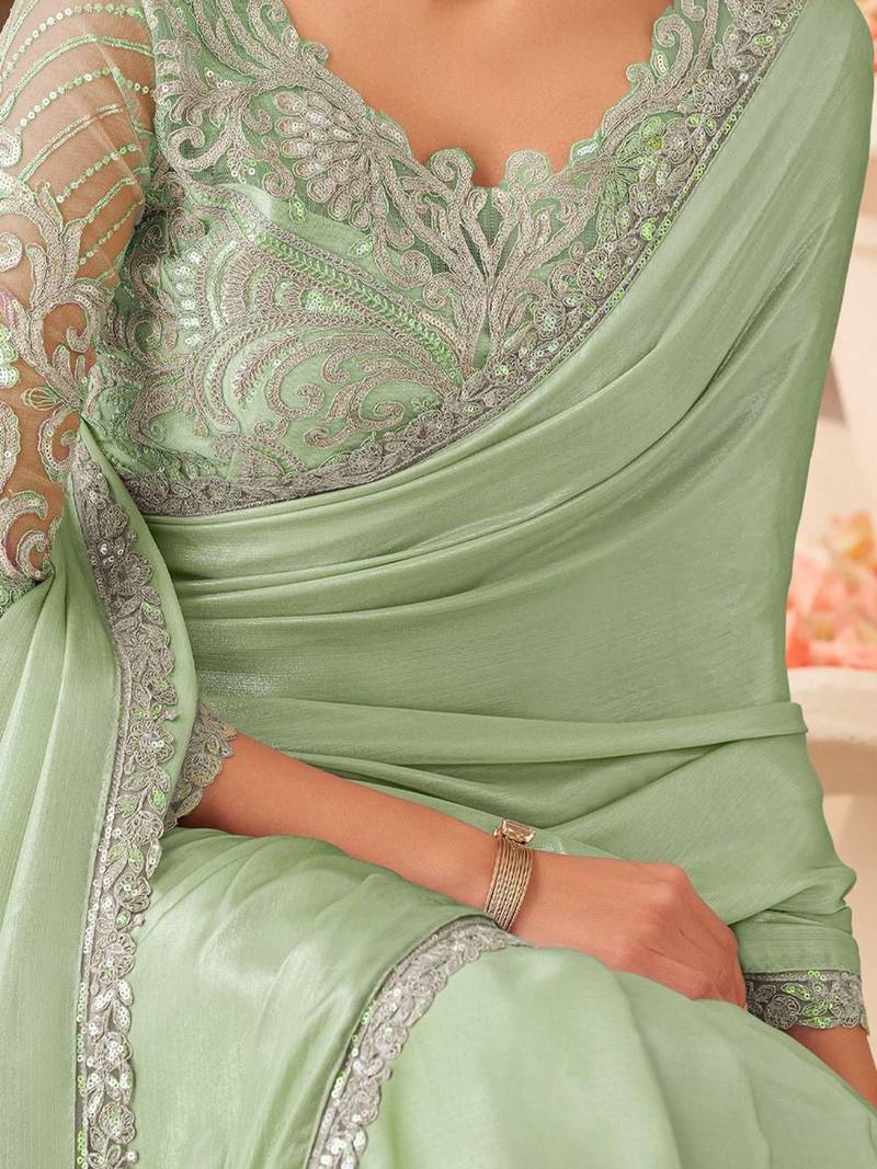 sea_green sequinned pure chiffon saree
