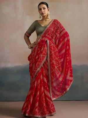 Red printed sequinned pure georgette bandhani saree 1