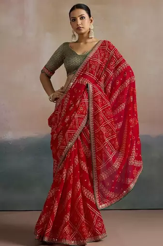 Red printed sequinned pure georgette bandhani saree