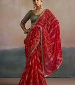 Red printed sequinned pure georgette bandhani saree