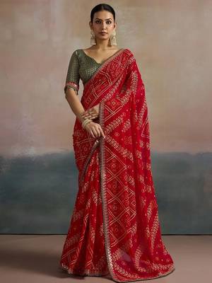 Red printed sequinned pure georgette bandhani saree 2