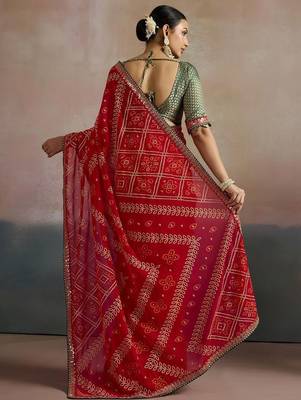 Red printed sequinned pure georgette bandhani saree 3