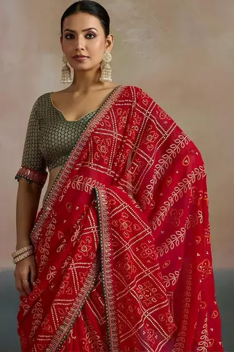 Red printed sequinned pure georgette bandhani saree