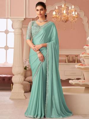 turquoise sequinned pure chiffon saree 1