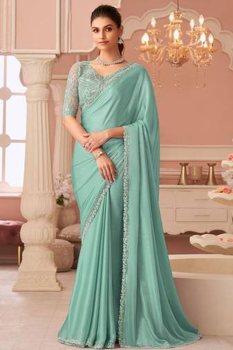 turquoise sequinned pure chiffon saree