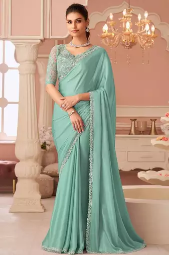 turquoise sequinned pure chiffon saree