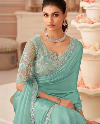 turquoise sequinned pure chiffon saree 2