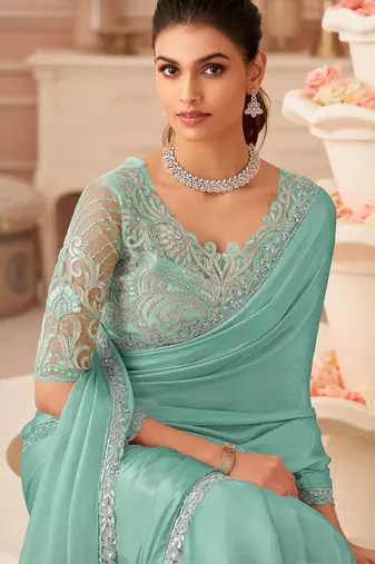turquoise sequinned pure chiffon saree